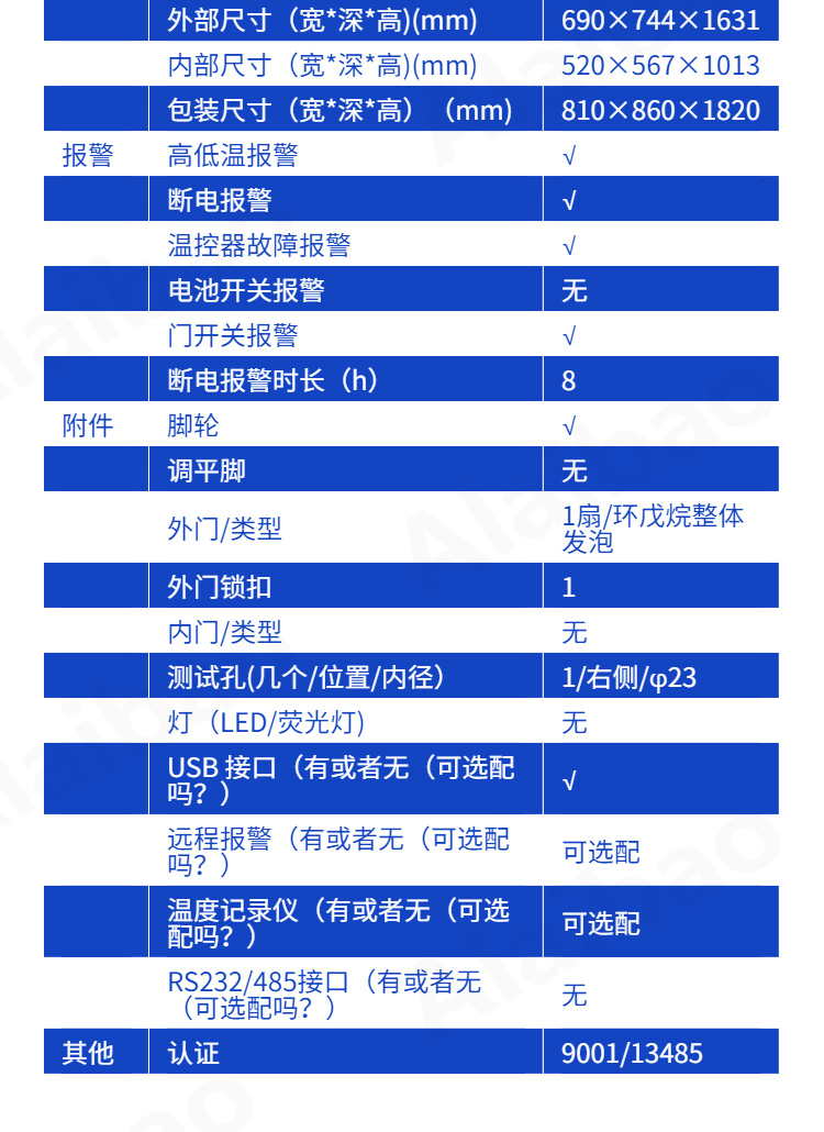 低溫冷藏箱產品參數